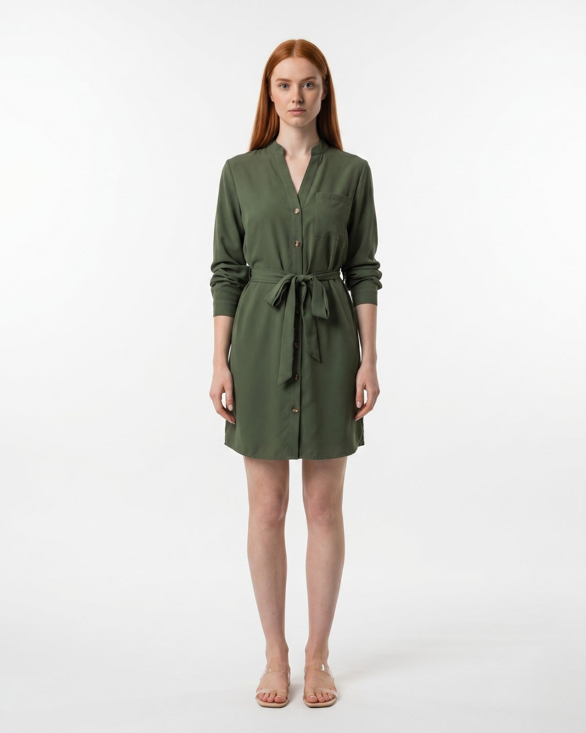 Khaki Green Long Sleeve V-Neck Belted Shirt Mini Dress