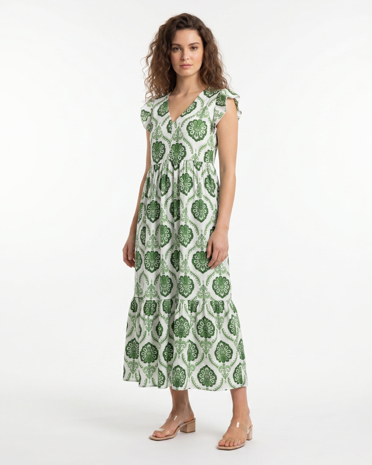 Green Flutter Sleeve V-Neck Summer Midi Dress