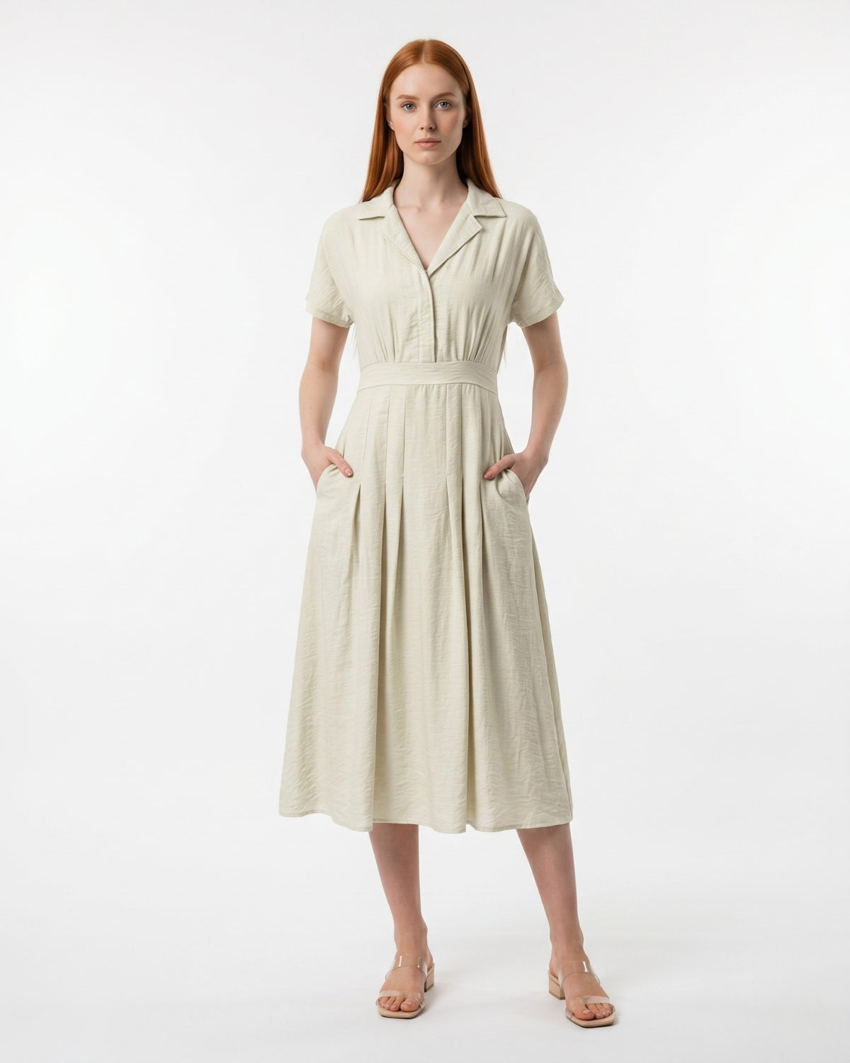 Sage Green Short Sleeve Pleated Midi Summer Dress