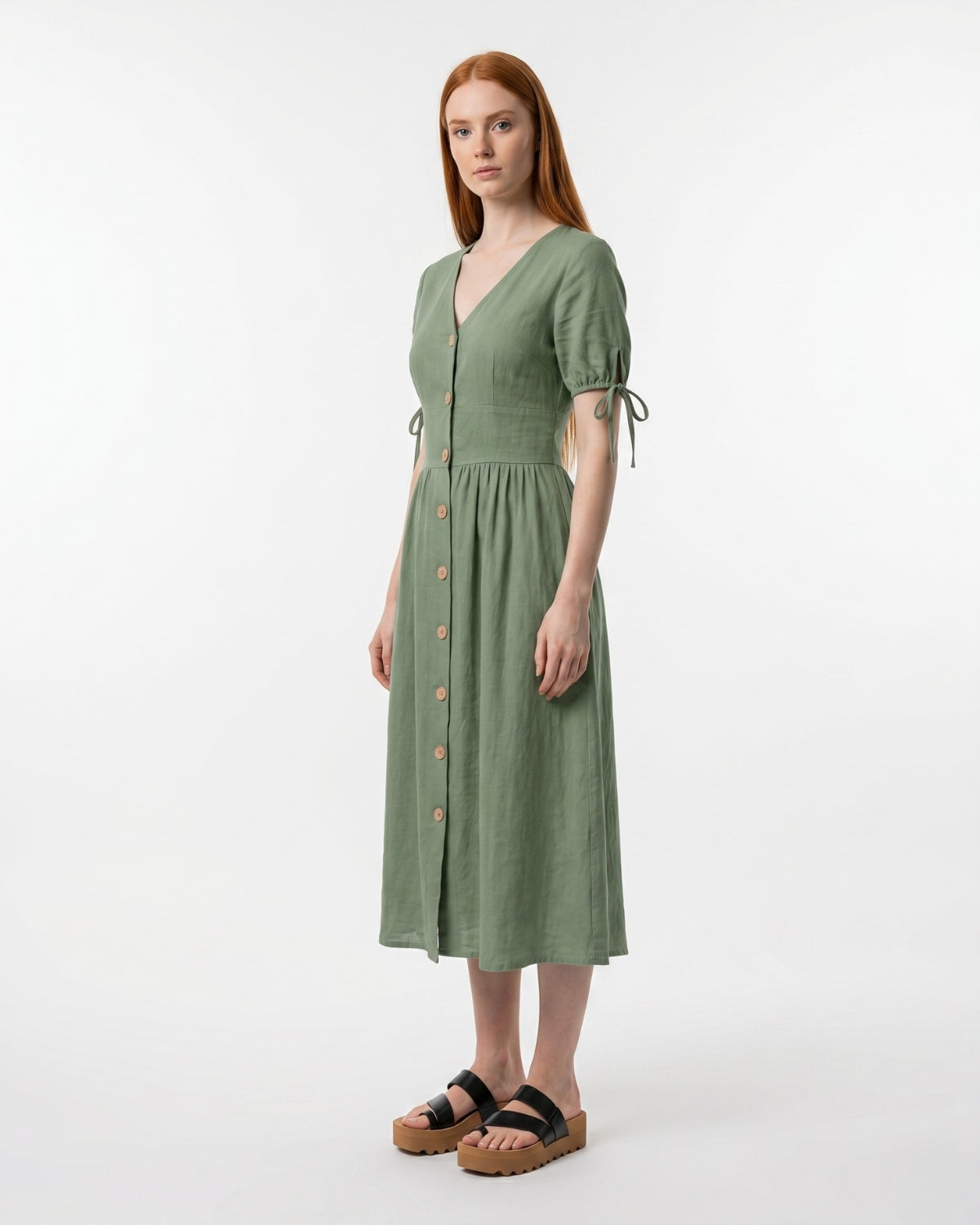 Sage Green Linen Blend Short Sleeve V-Neck Button Front Midi Dress
