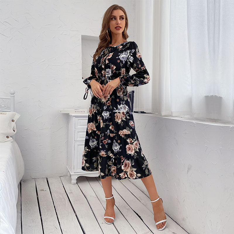 Black Floral Print Long Sleeve Tiered Midi Summer Dress
