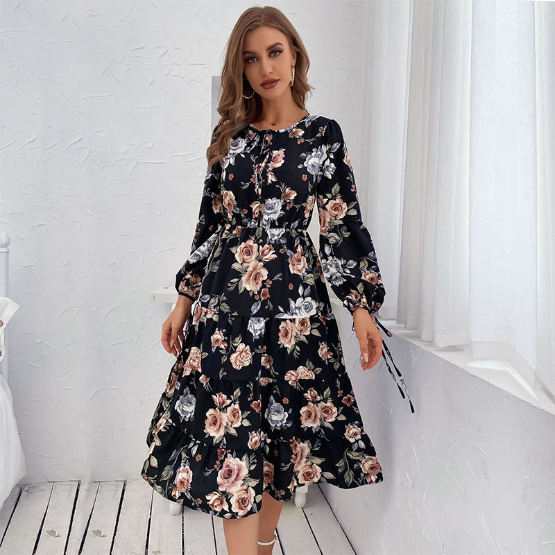 Black Floral Print Long Sleeve Tiered Midi Summer Dress