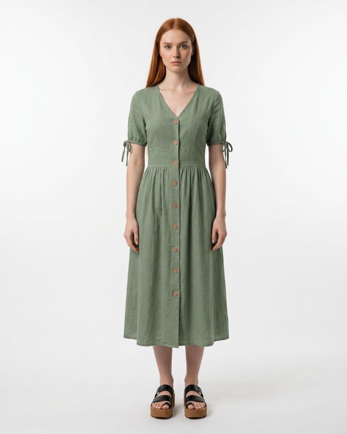 Sage Green Linen Blend Short Sleeve V-Neck Button Front Midi Dress