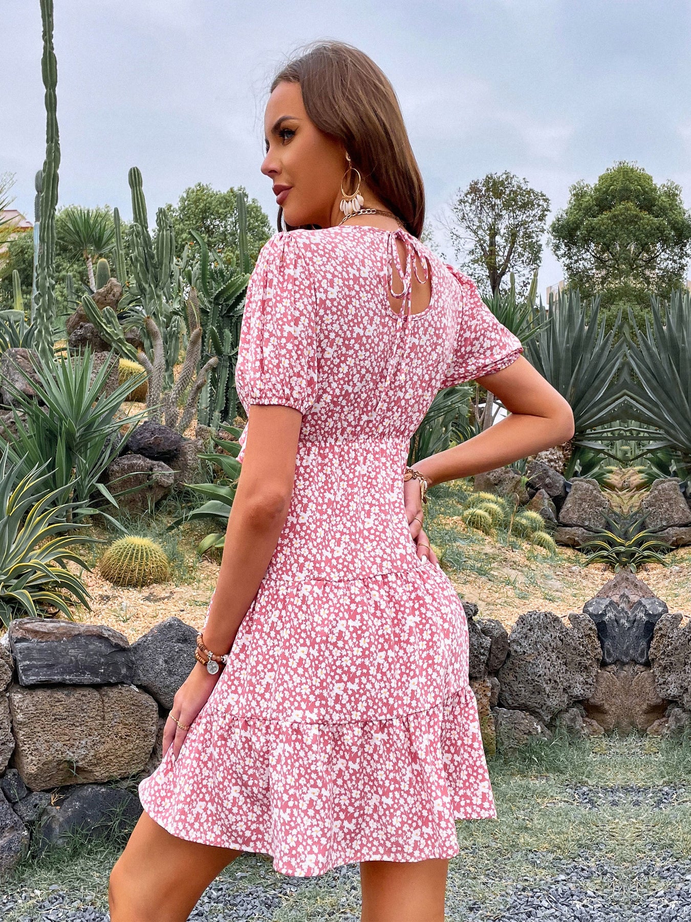 Pink Ditsy Floral Puff Sleeve V-Neck Tiered Mini Dress