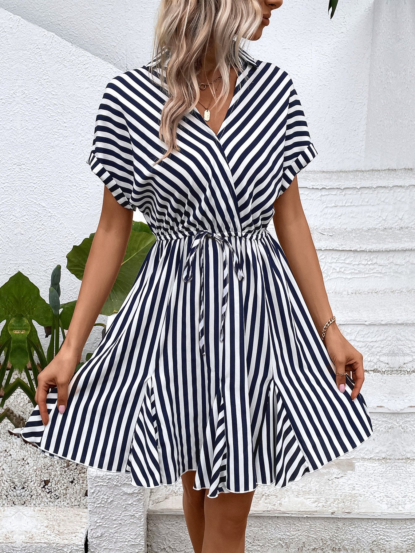 Navy Stripe Short Sleeve V-Neck Collared Drawstring Mini Summer Dress