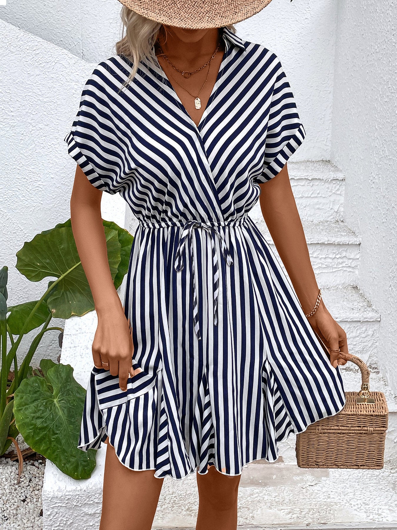 Navy Stripe Short Sleeve V-Neck Collared Drawstring Mini Summer Dress