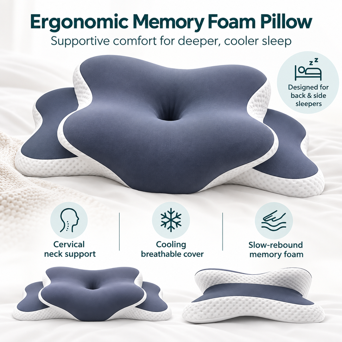 Contour Memory Foam Pillow for Neck & Shoulder Pain – Cervical Support Pillow with Ear Pockets