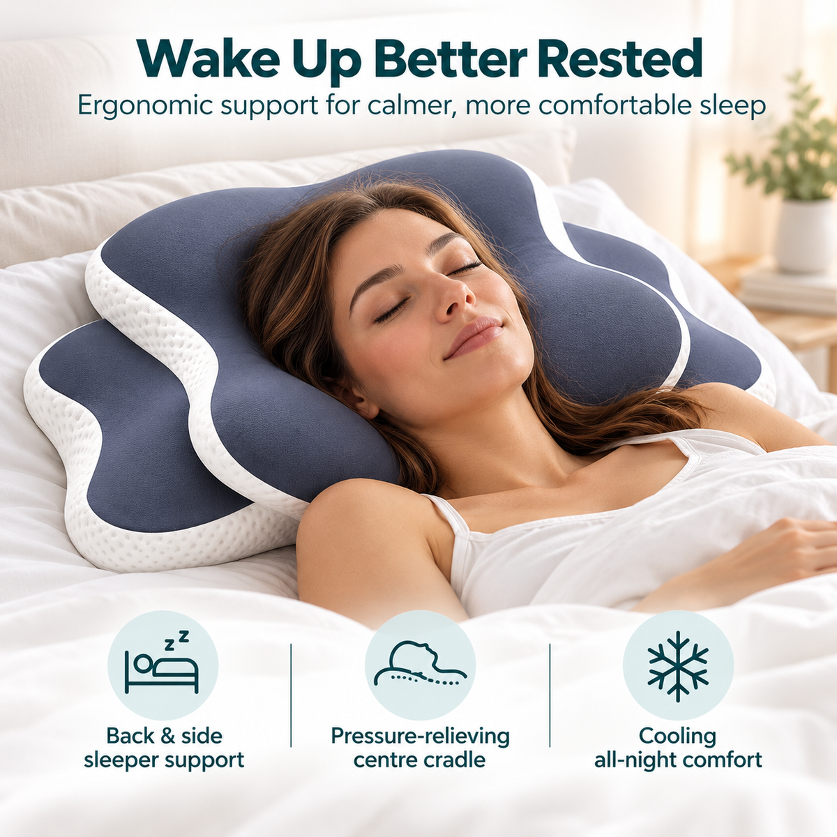 Contour Memory Foam Pillow for Neck & Shoulder Pain – Cervical Support Pillow with Ear Pockets