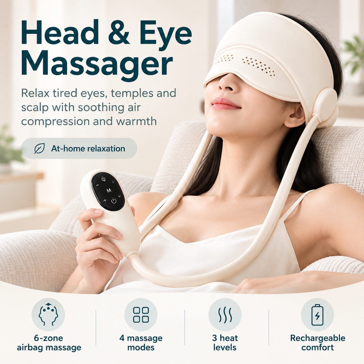 Electric Head & Eye Massager with Heat – 6-Zone Air Compression Head Massage Helmet