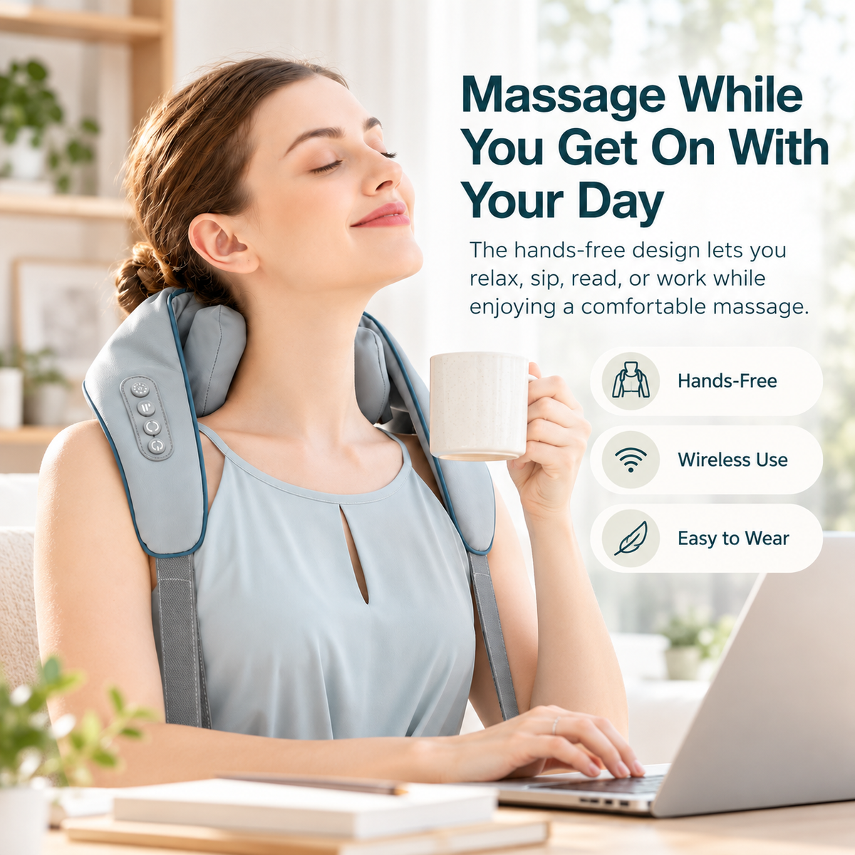 Cordless Neck & Shoulder Massager with Heat – Shiatsu Kneading Massager, Hands-Free Shoulder Straps