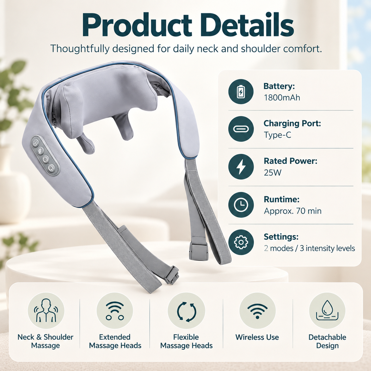Cordless Neck & Shoulder Massager with Heat – Shiatsu Kneading Massager, Hands-Free Shoulder Straps