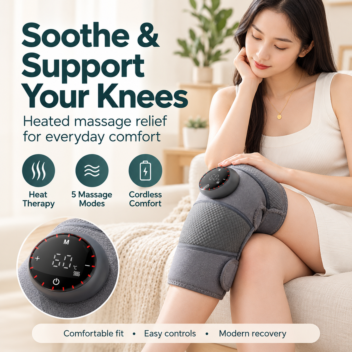 Heated Knee Massager – Cordless Vibrating Knee Wrap with 5 Heat Levels, for Knee, Shoulder & Elbow
