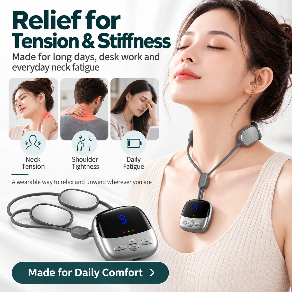 Portable Neck Massager with Heat – Wearable EMS Pendant Neck Relaxer