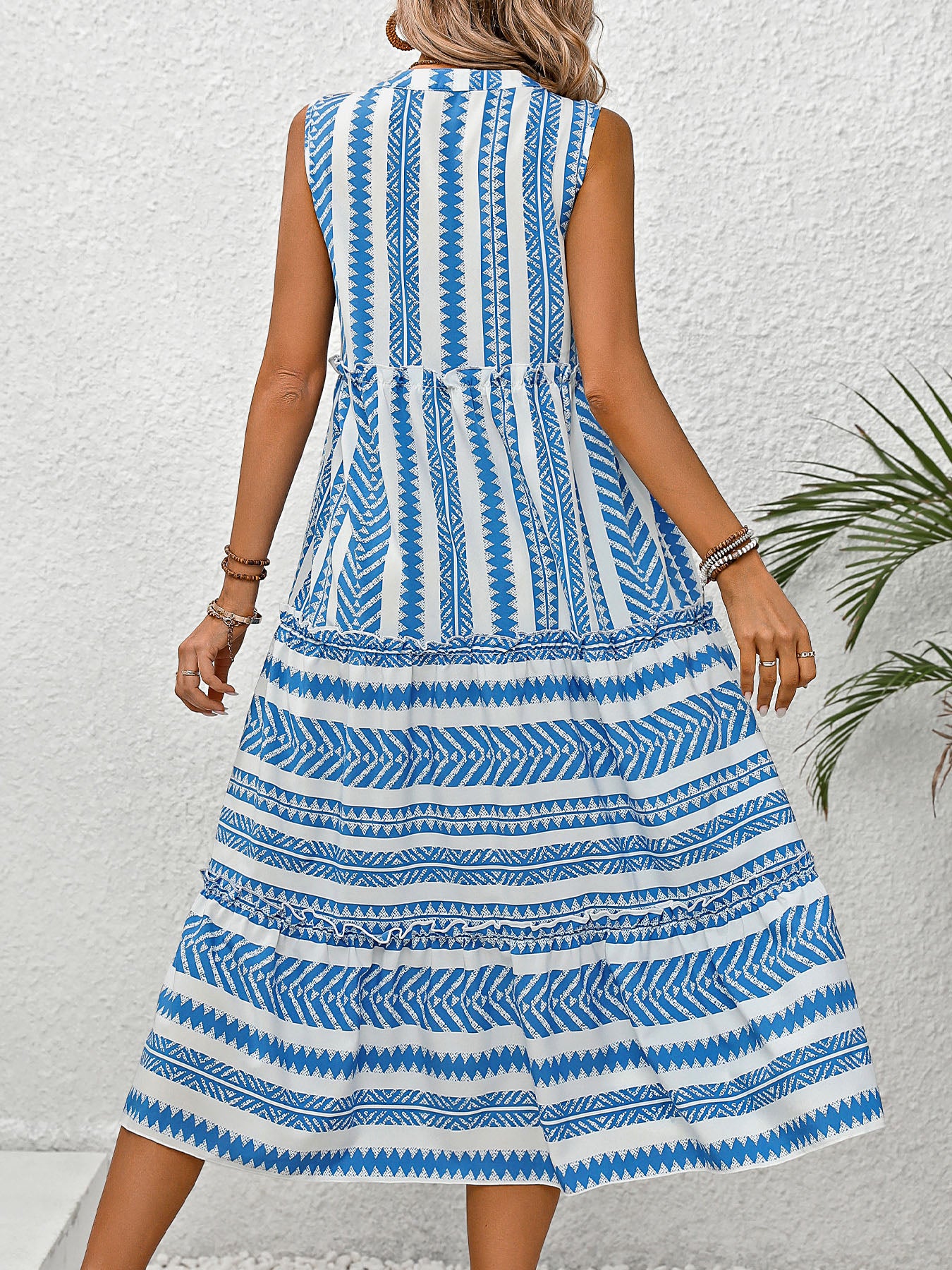 Blue Aztec Print Tiered Midi Summer Dress
