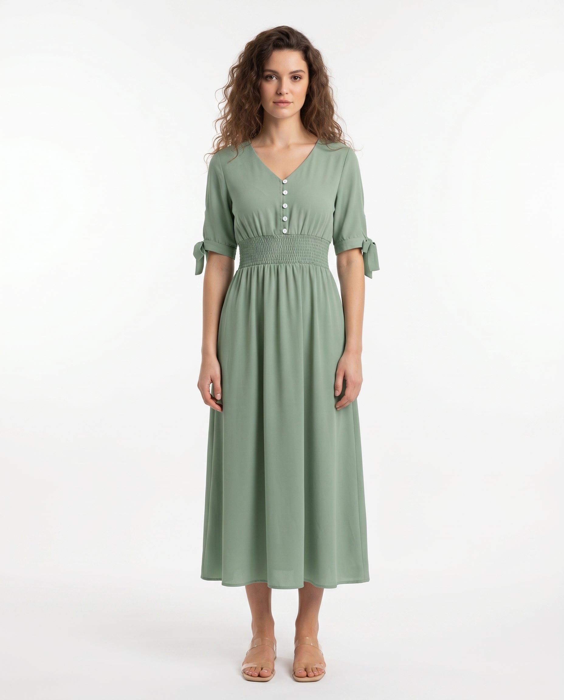 Women's Green Short Sleeve V-Neck Summer Maxi Dress