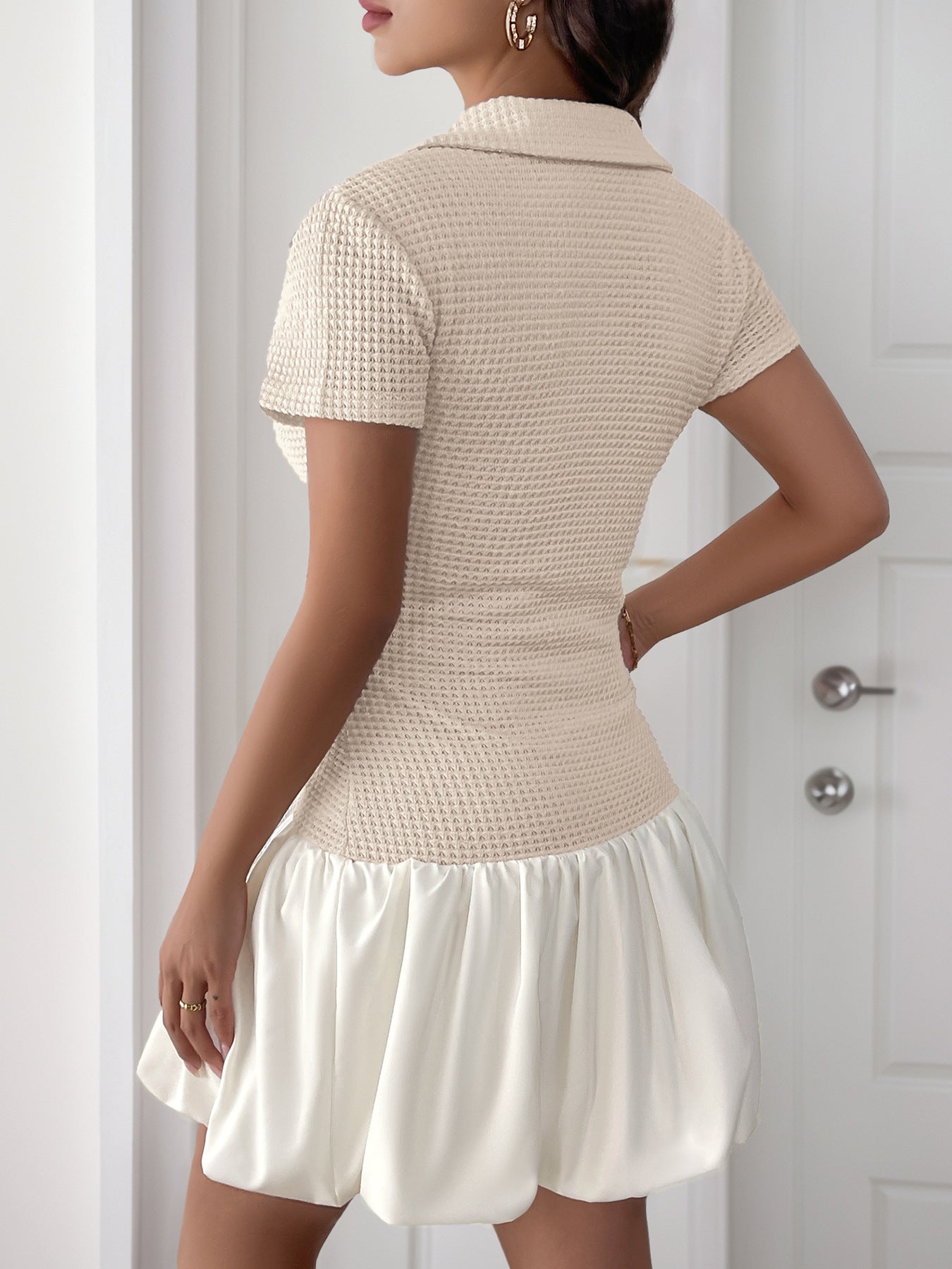 Cream Waffle Knit Short Sleeve Collared Bubble Hem Mini Dress
