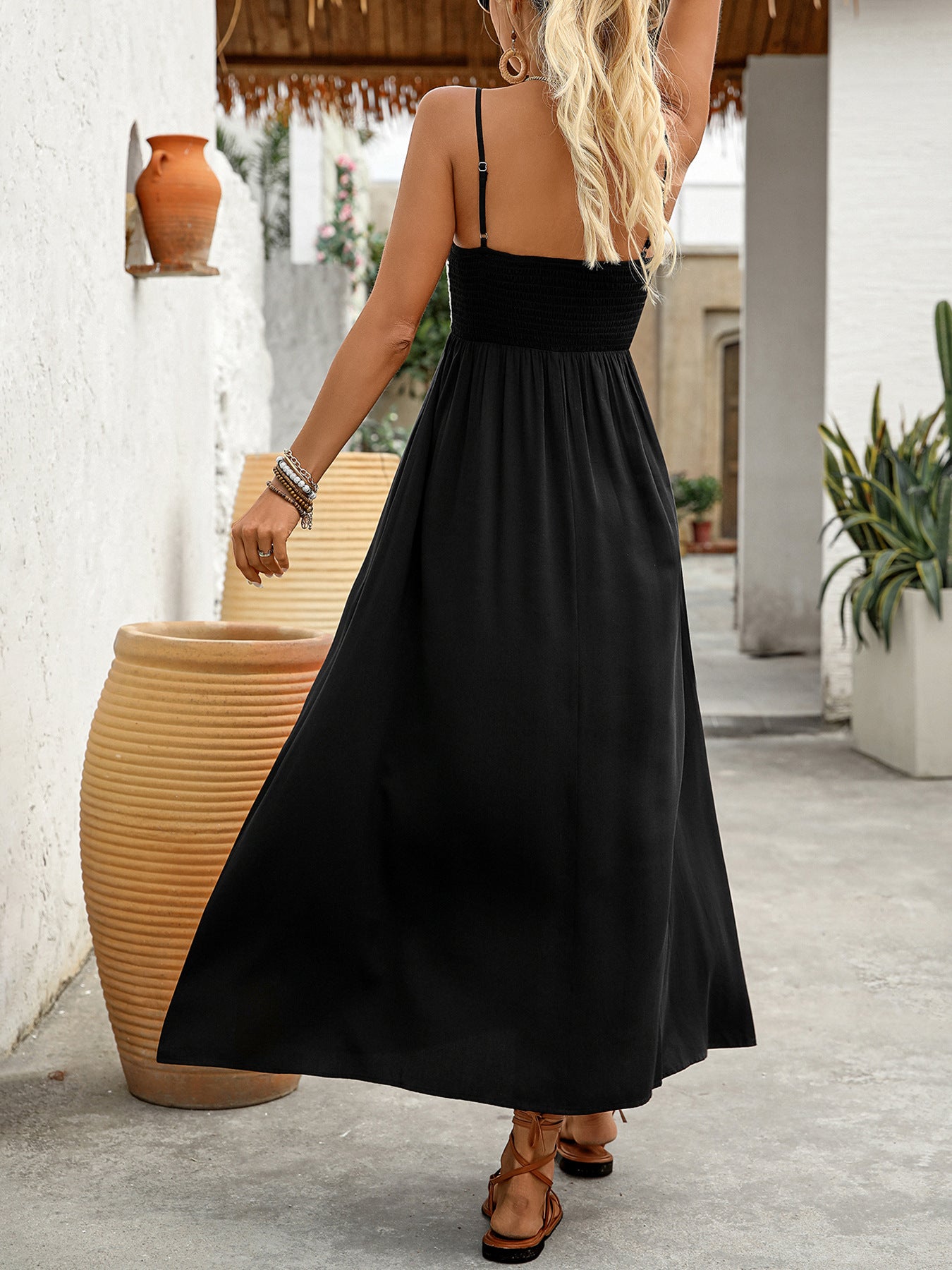 Black/White Embroidered Bodice Cami Strap Maxi Dress