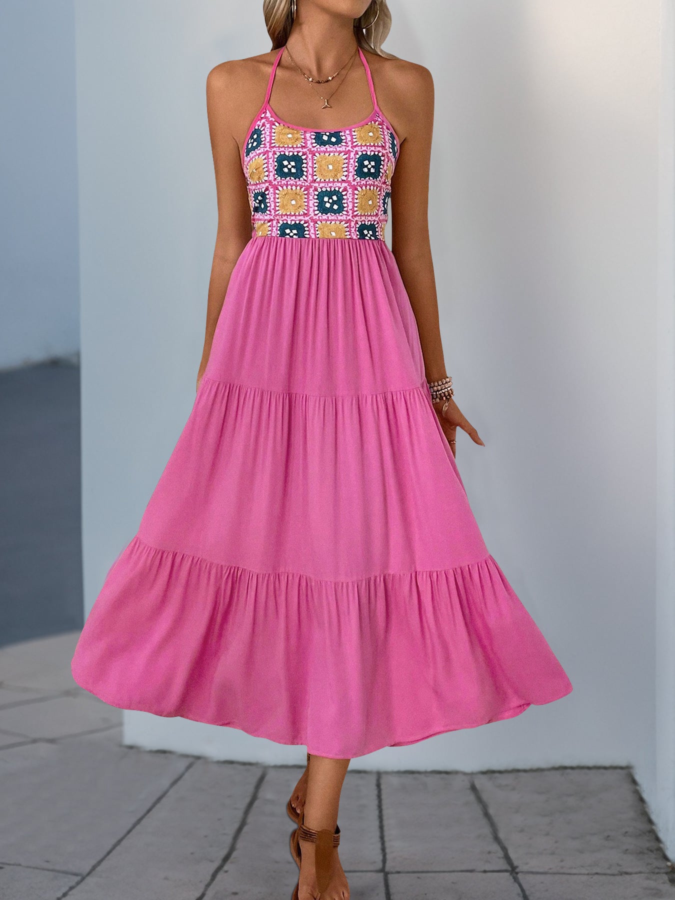 Pink Crochet Print Halterneck Tiered Maxi Summer Dress