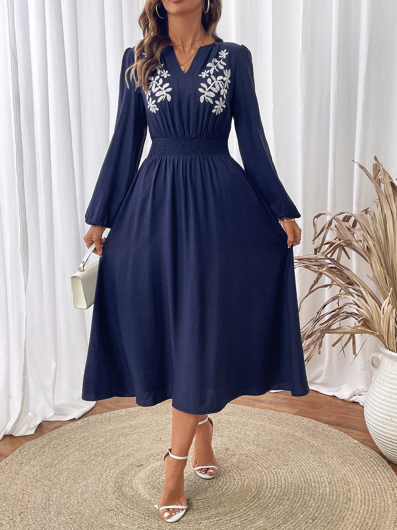 Navy Floral Embroidered Long Sleeve V-Neck Smocked Waist Midi Summer Dress