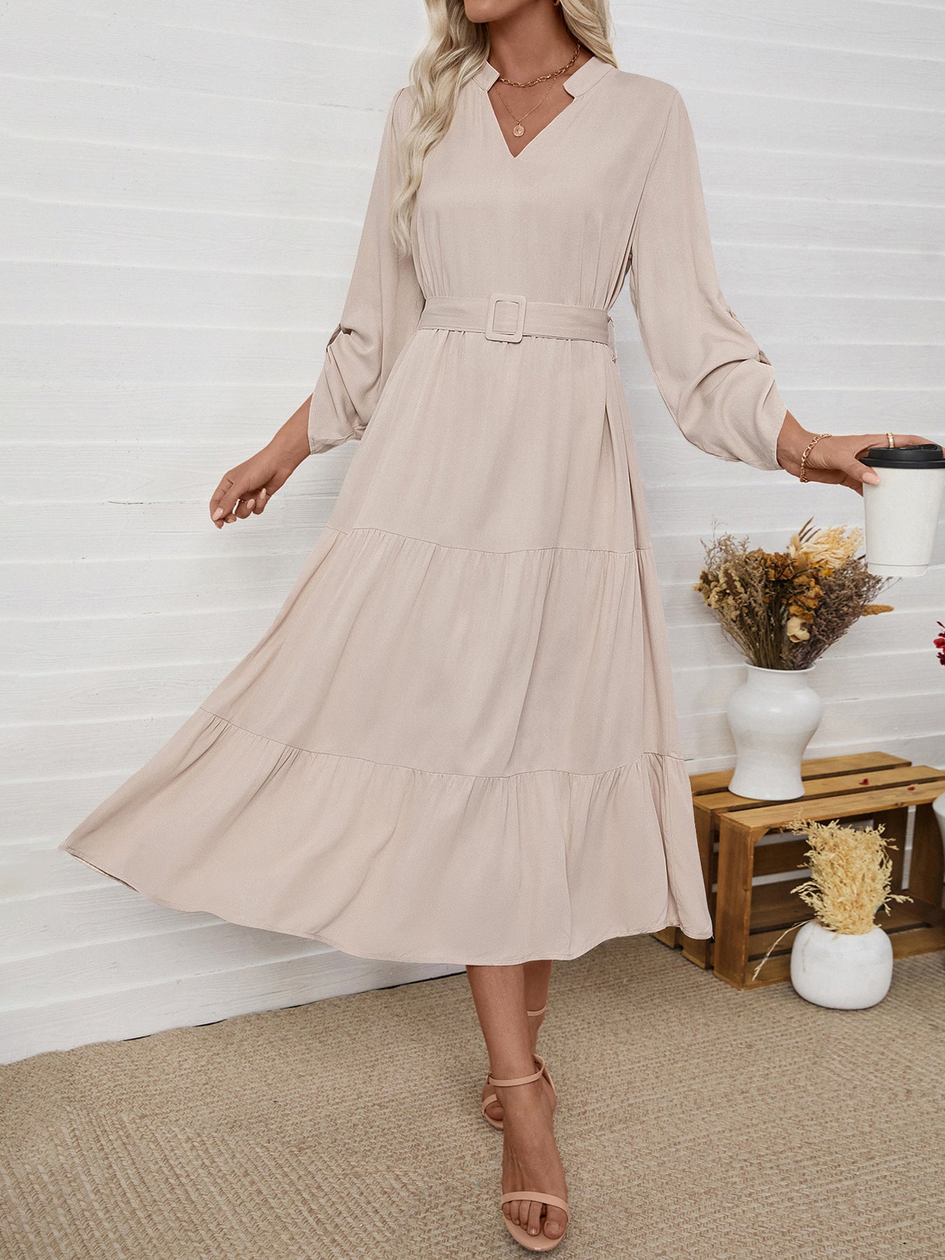 Cream Viscose Long Sleeve V-Neck Belted Tiered Midi Summer Dress