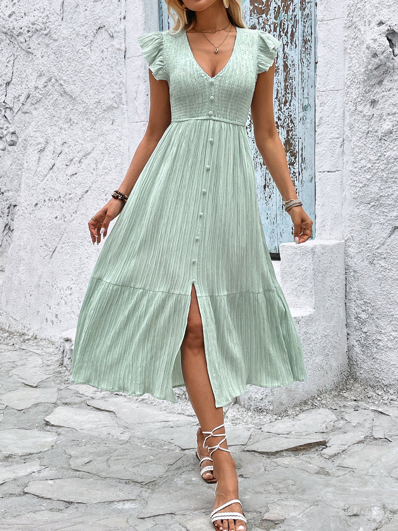 Sage Green Textured Flutter Sleeve V-Neck Button Front Midi Dress