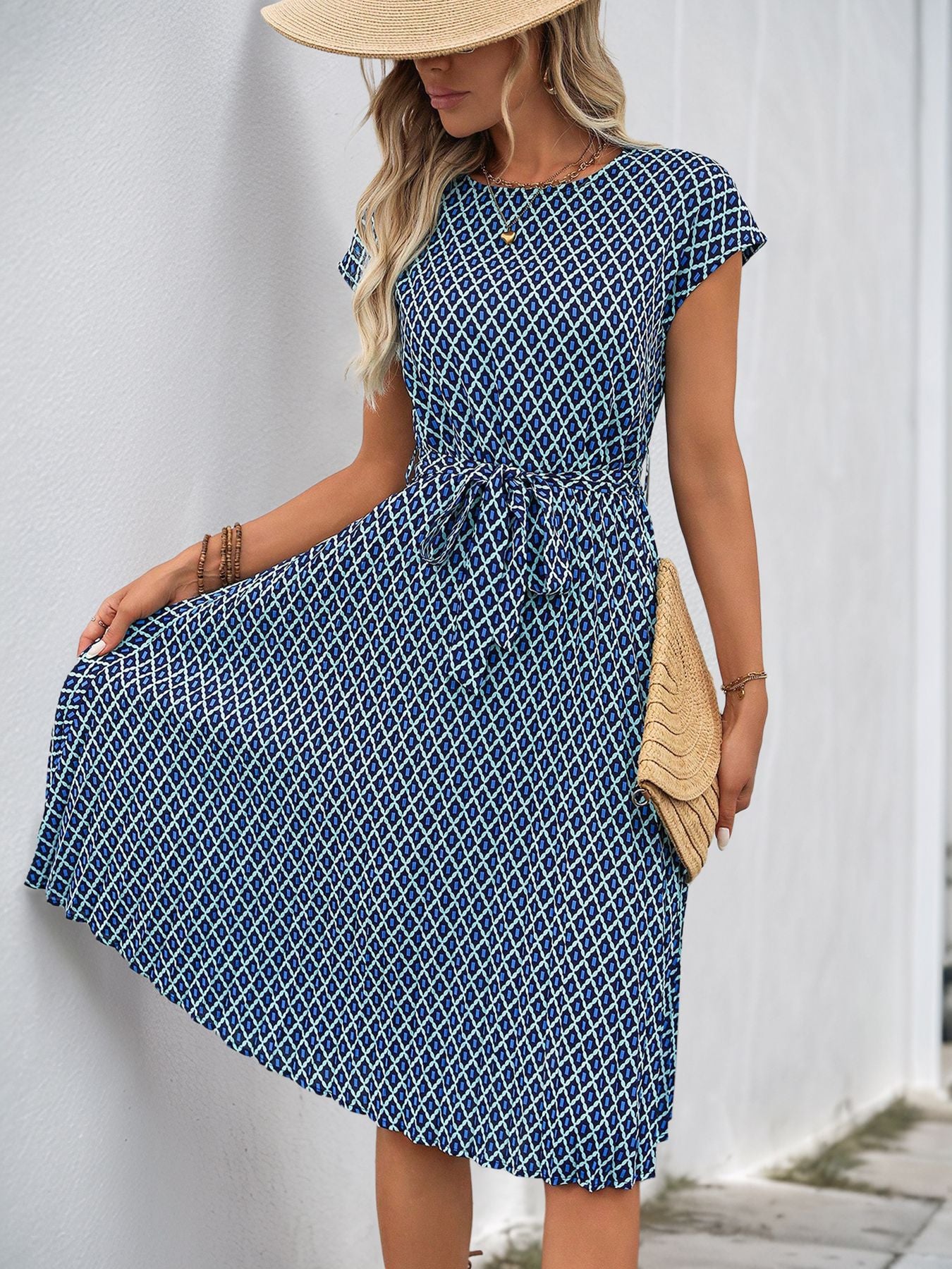Blue Geo Print Cap Sleeve Pleated Belted Midi Summer Dress