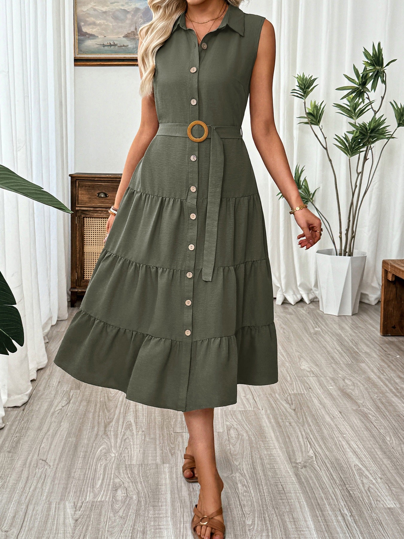 Khaki Sleeveless Belted Tiered Button Front Midi Shirt Dress