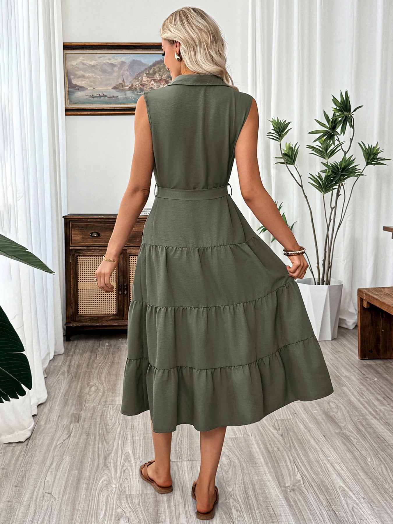 Khaki Sleeveless Belted Tiered Button Front Midi Shirt Dress