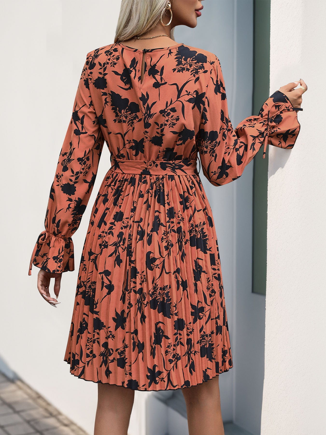 Rust Floral Print Long Sleeve Pleated Belted Mini Dress