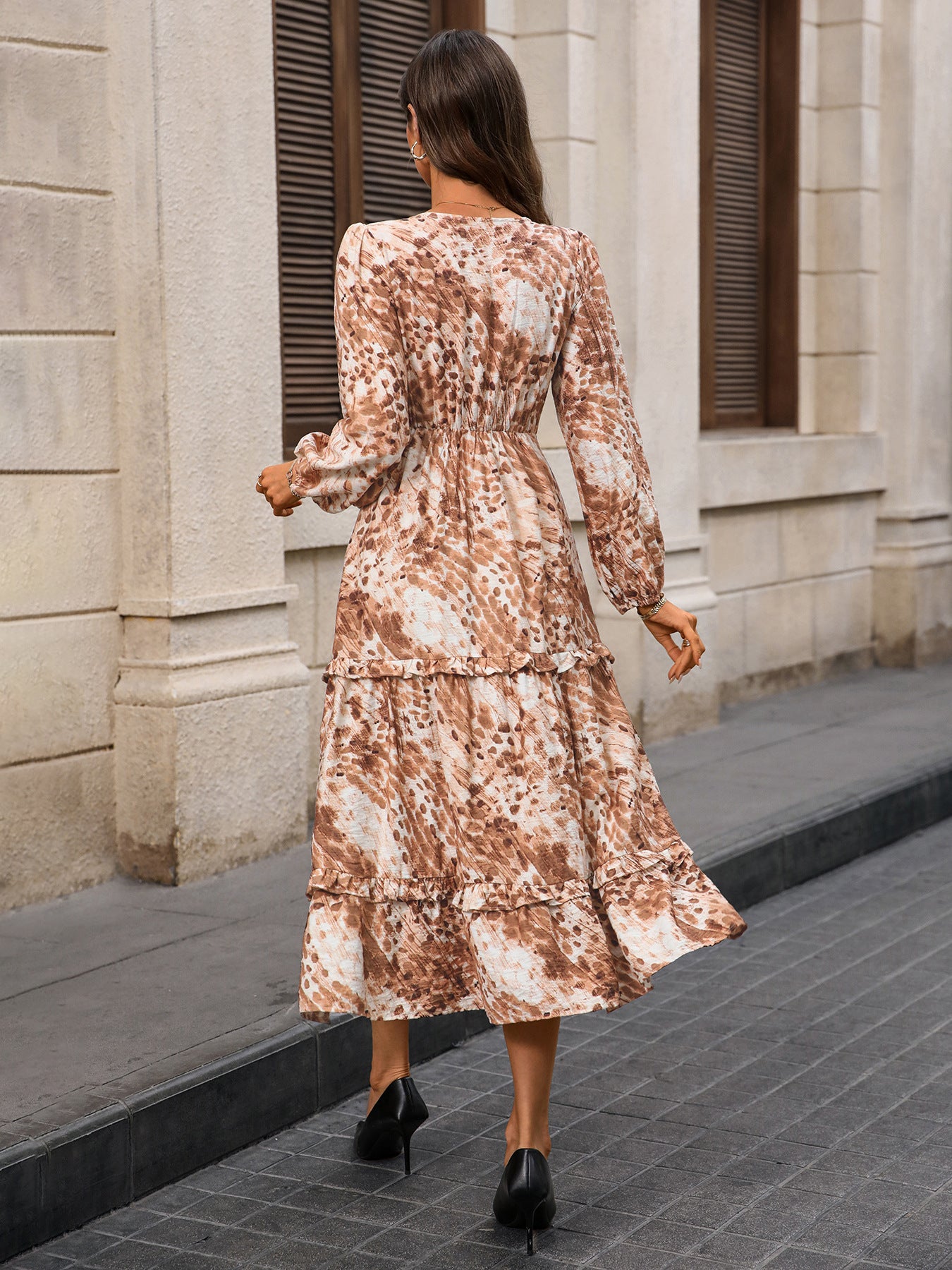 Brown Animal Print Long Sleeve V-Neck Tiered Midi Summer Dress