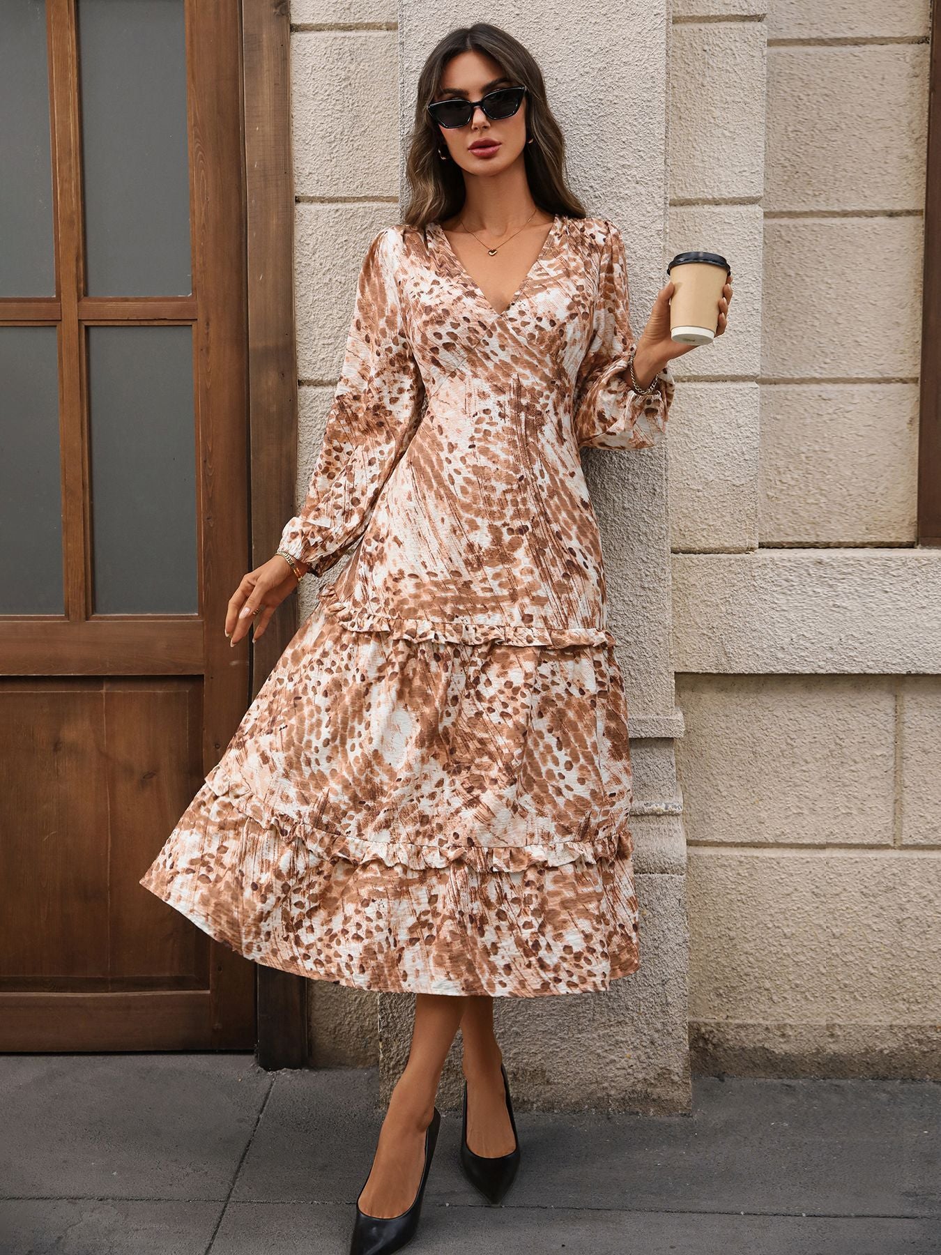 Brown Animal Print Long Sleeve V-Neck Tiered Midi Summer Dress
