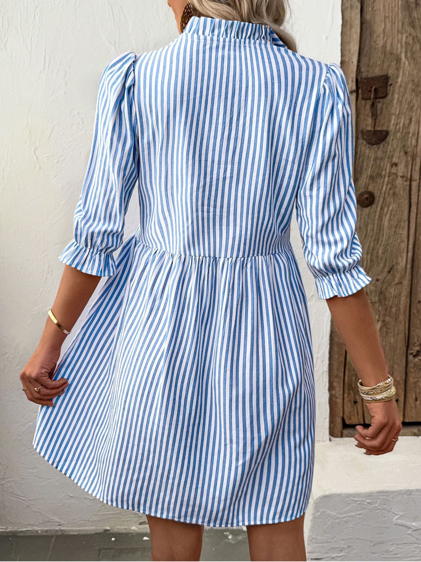Blue Stripe Frill Trim Button Front Mini Summer Dress