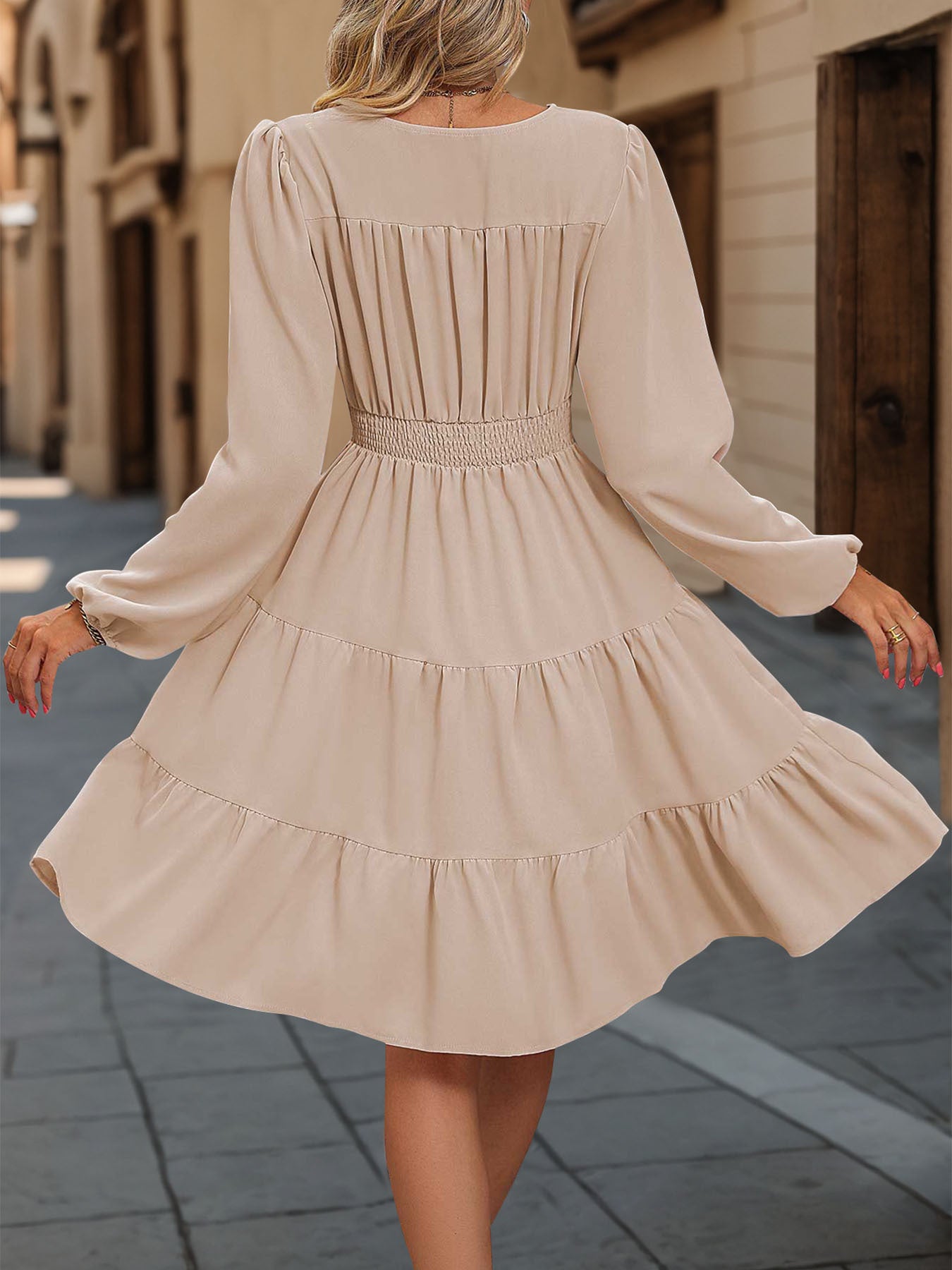 Cream Long Sleeve V-Neck Button Front Tiered Midi Dress