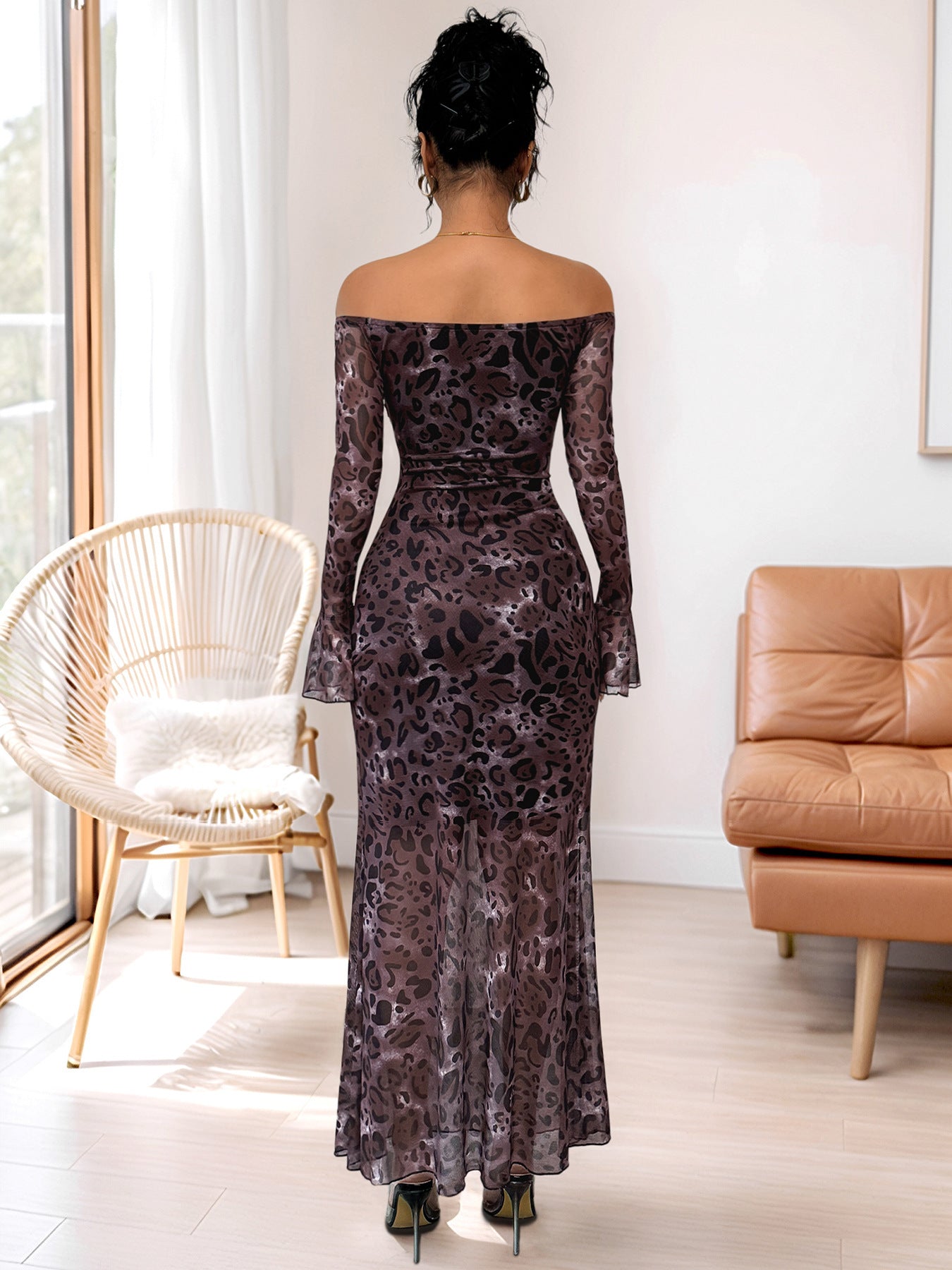 Purple Leopard Print Mesh Flute Sleeve Off Shoulder Maxi Dress