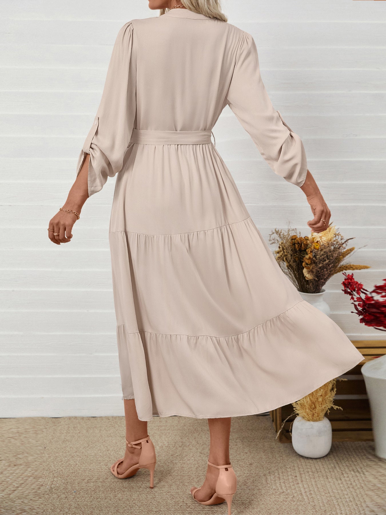 Cream Viscose Long Sleeve V-Neck Belted Tiered Midi Summer Dress