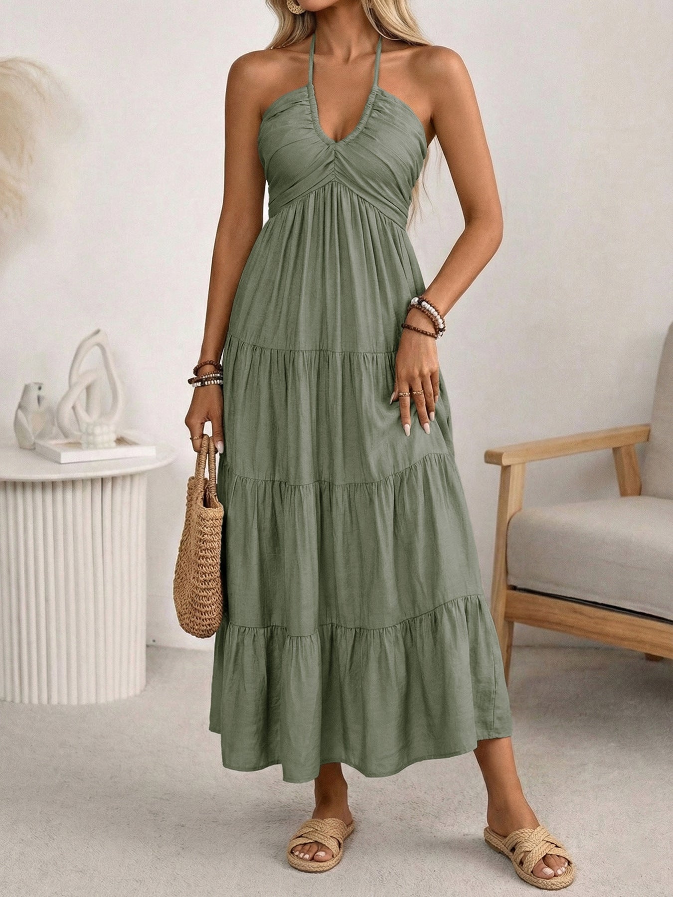 Sage Green Linen Blend Halterneck Tiered Maxi Summer Dress