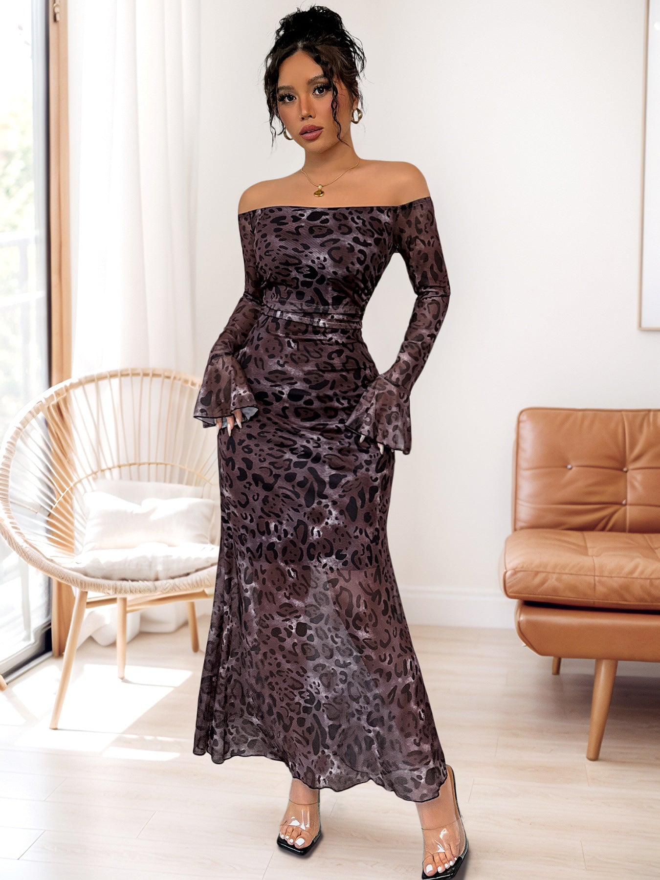 Purple Leopard Print Mesh Flute Sleeve Off Shoulder Maxi Dress