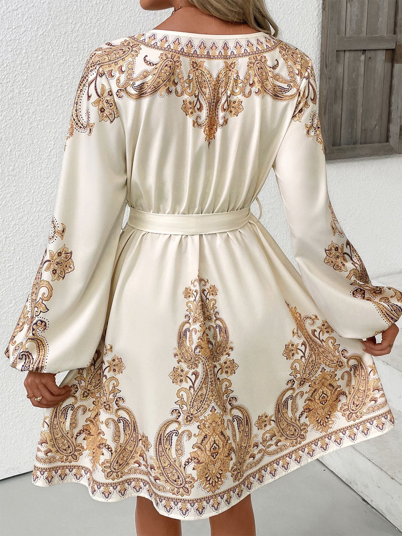 Cream Paisley Print Puff Sleeve V-Neck Belted Mini Summer Dress