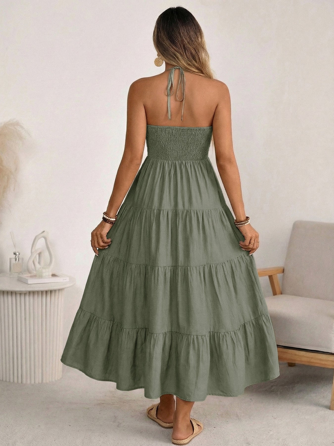 Sage Green Linen Blend Halterneck Tiered Maxi Summer Dress