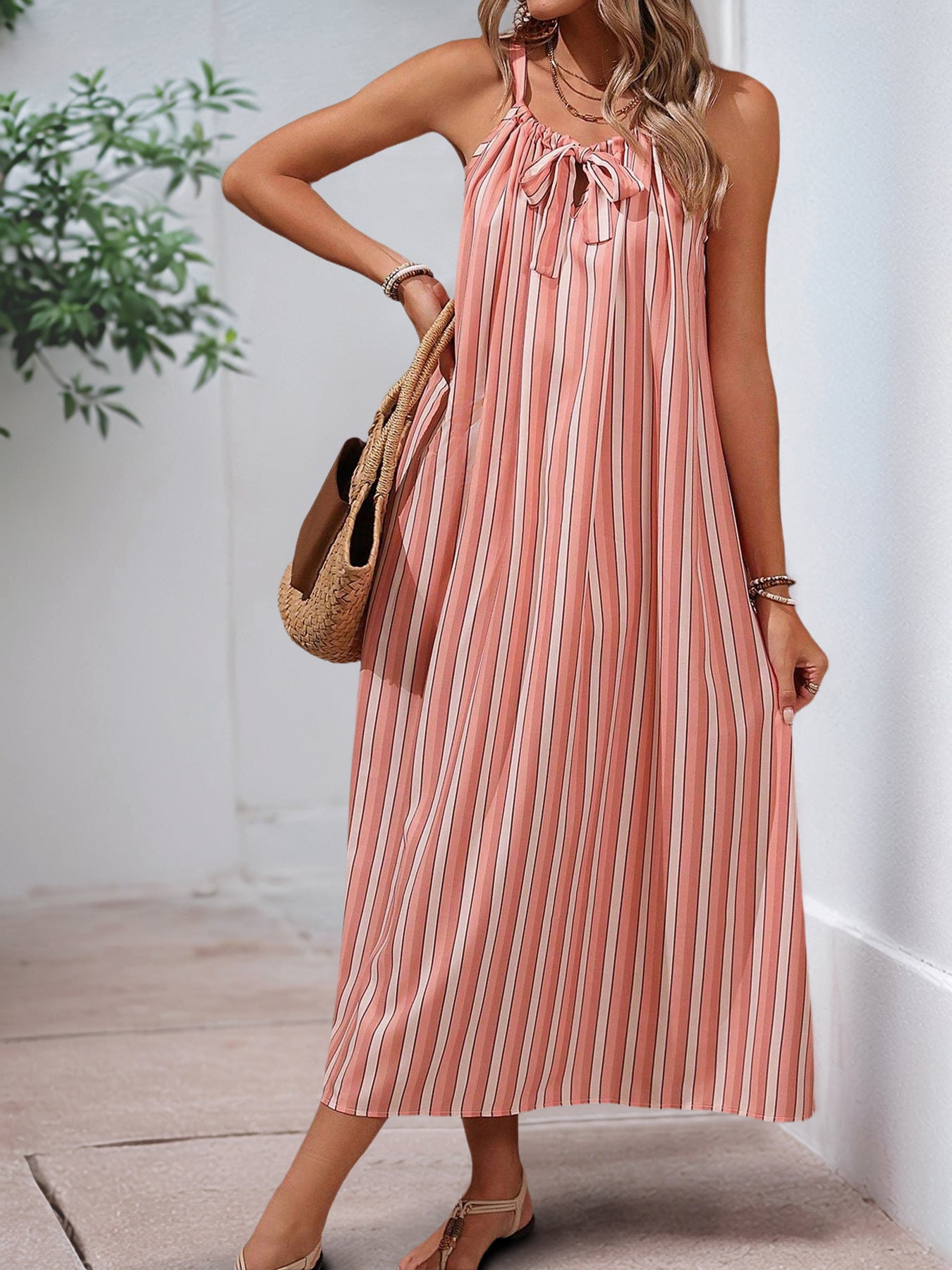Pink Stripe Tie Neck Maxi Summer Dress
