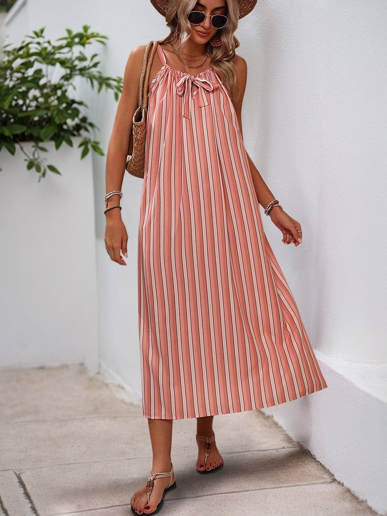Pink Stripe Tie Neck Maxi Summer Dress