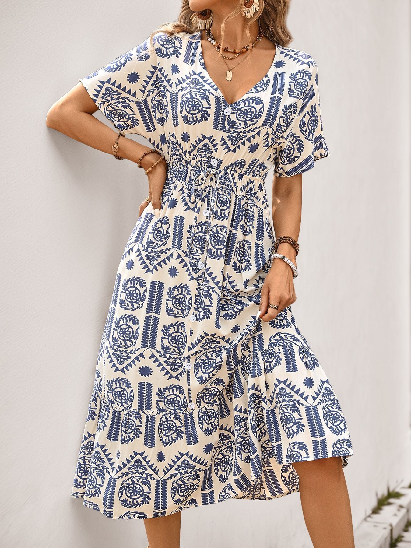 Blue Tile Print Short Sleeve V-Neck Button Front Midi Dress