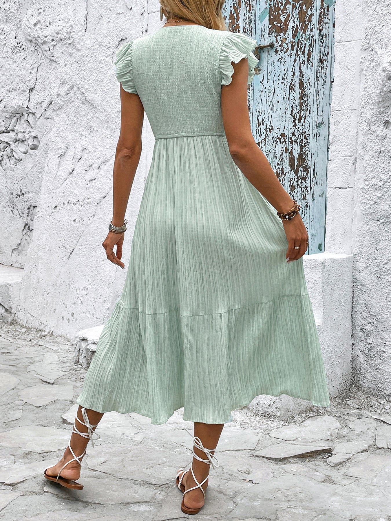 Sage Green Textured Flutter Sleeve V-Neck Button Front Midi Dress