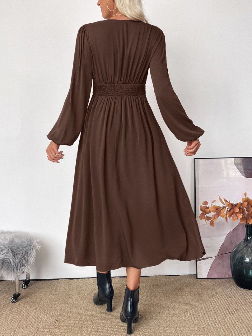 Brown Viscose Blend Long Puff Sleeve V-Neck Midi Dress