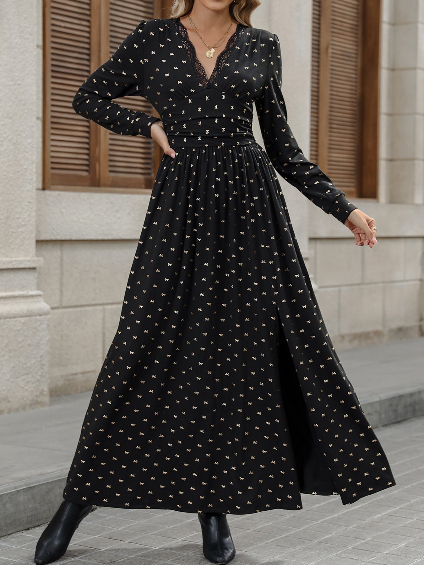 Black Bow Print Long Sleeve V-Neck Lace Trim Maxi Dress
