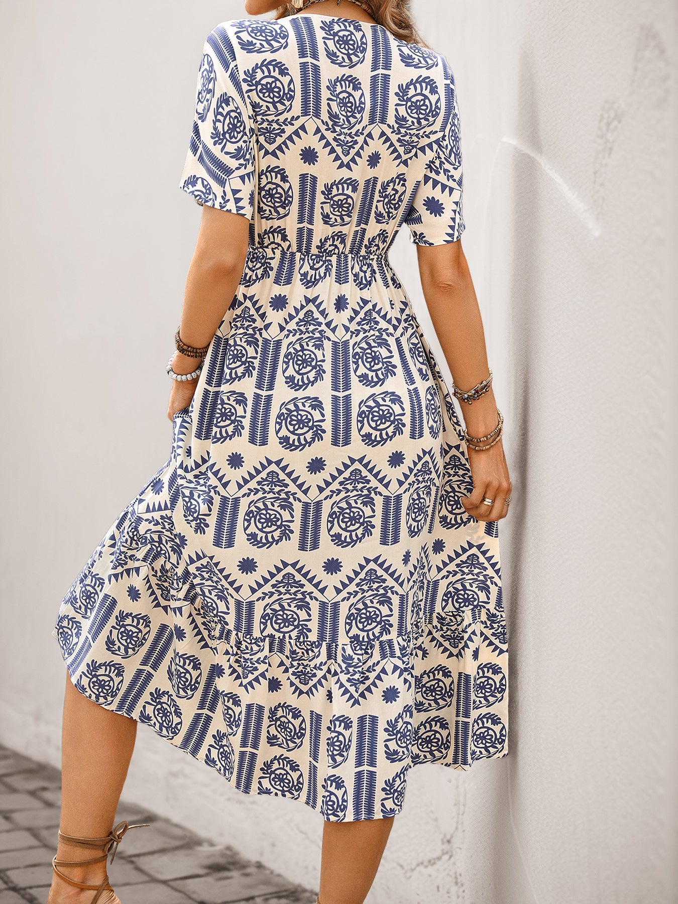 Blue Tile Print Short Sleeve V-Neck Button Front Midi Dress