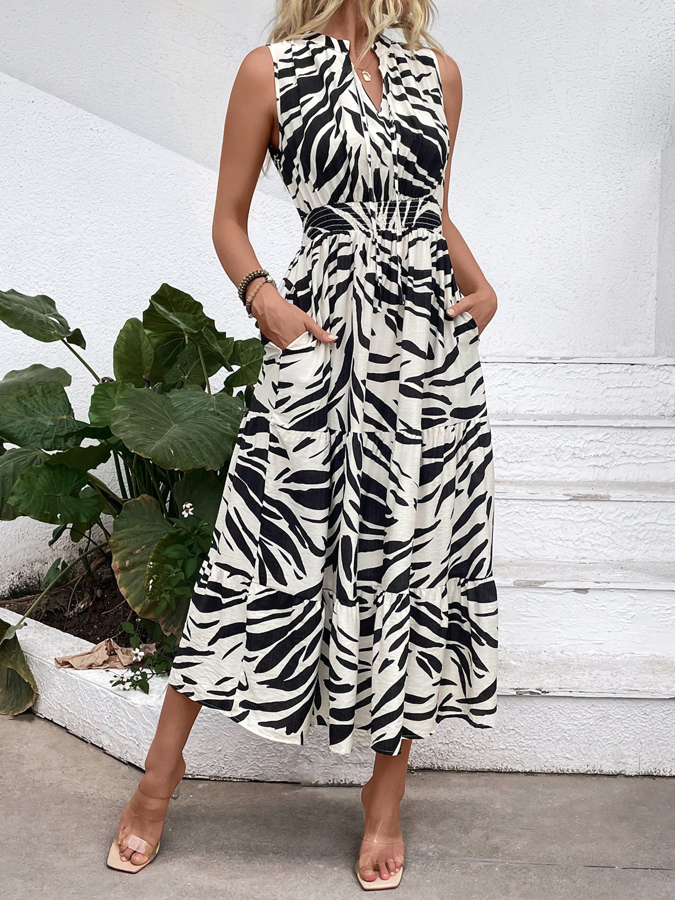 Black/White Zebra Print Viscose Tiered Midi Dress