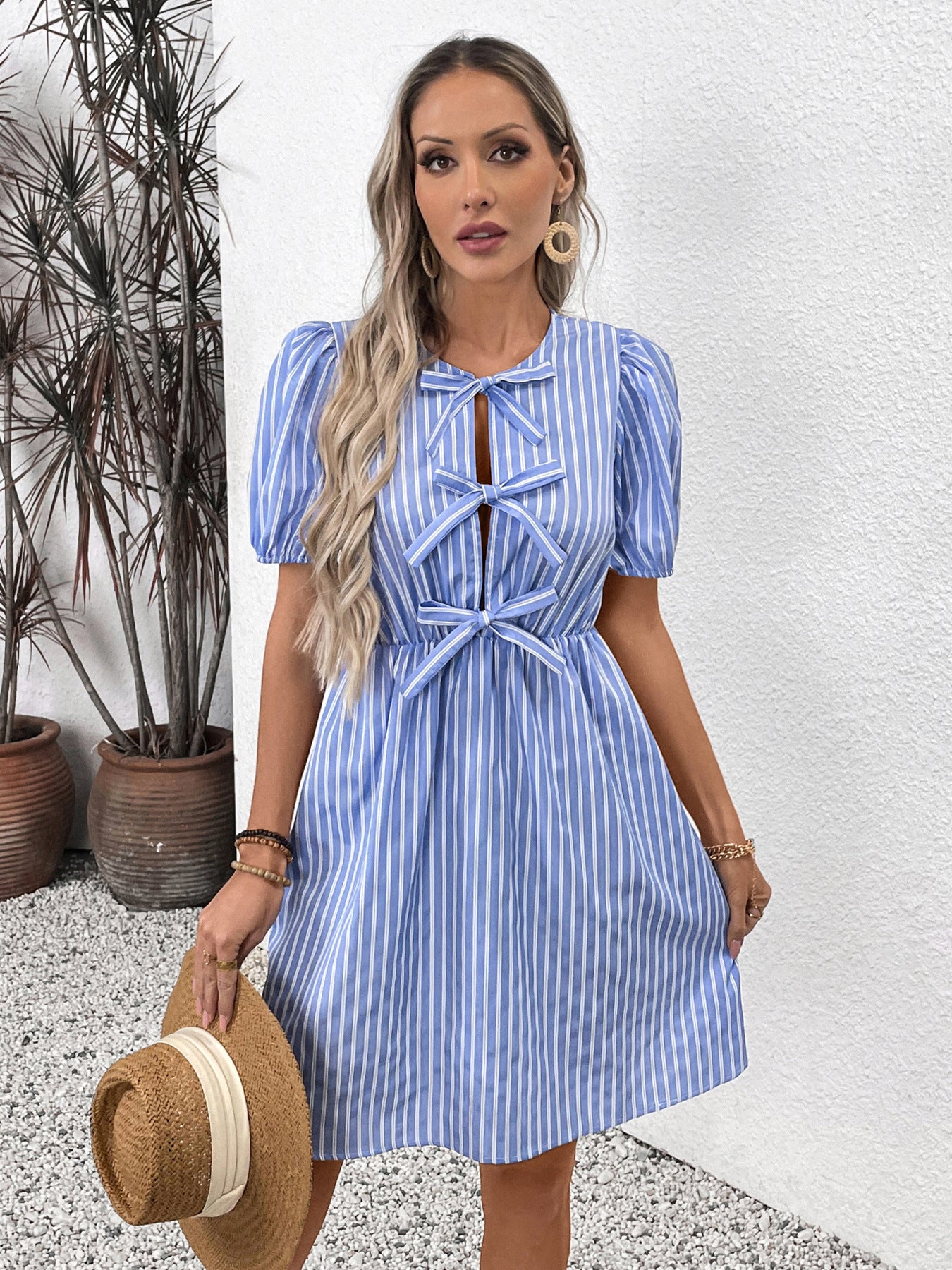 Blue Stripe Bow Tie Puff Sleeve Scoop Neck Mini Summer Dress