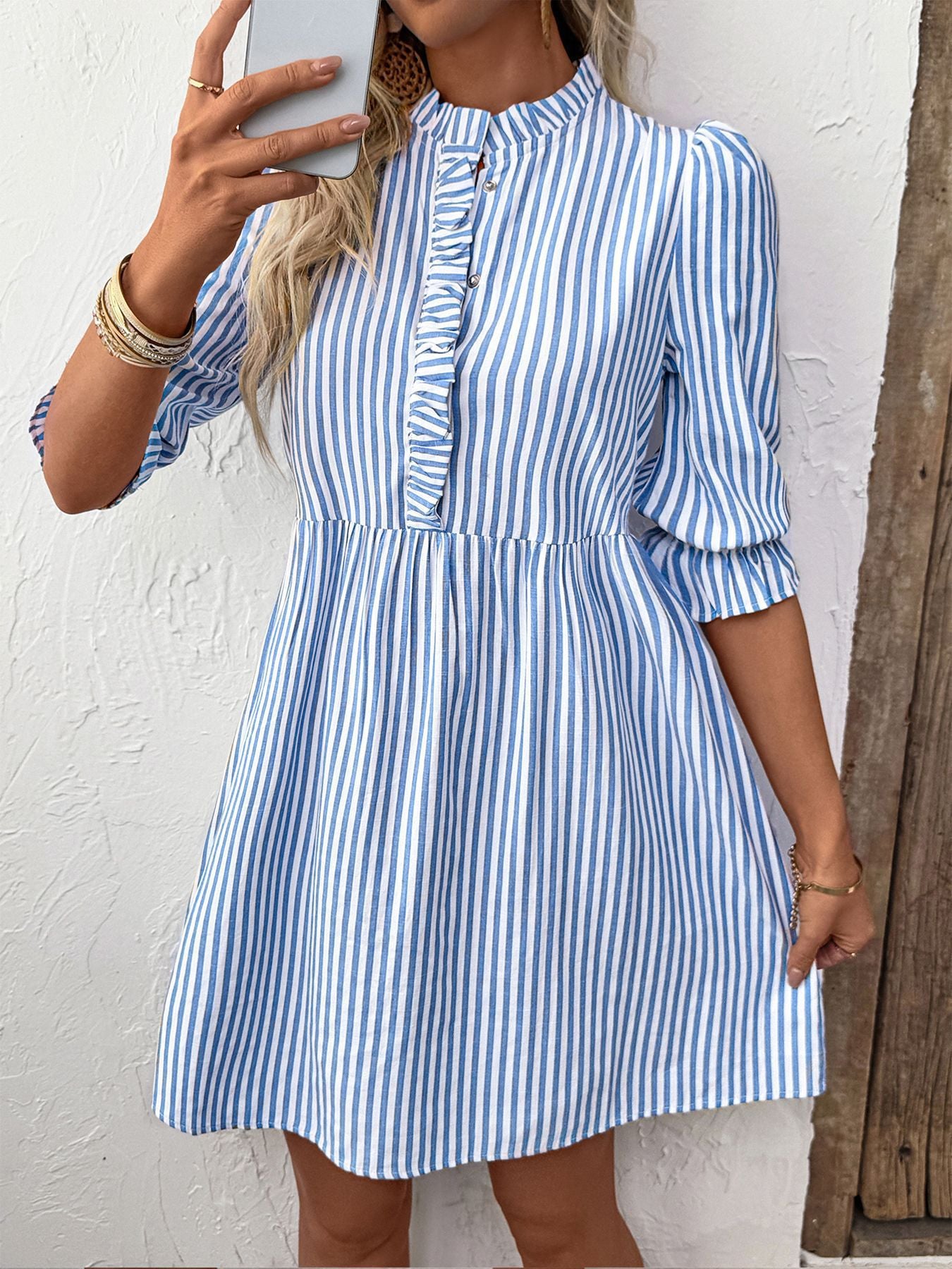 Blue Stripe Frill Trim Button Front Mini Summer Dress