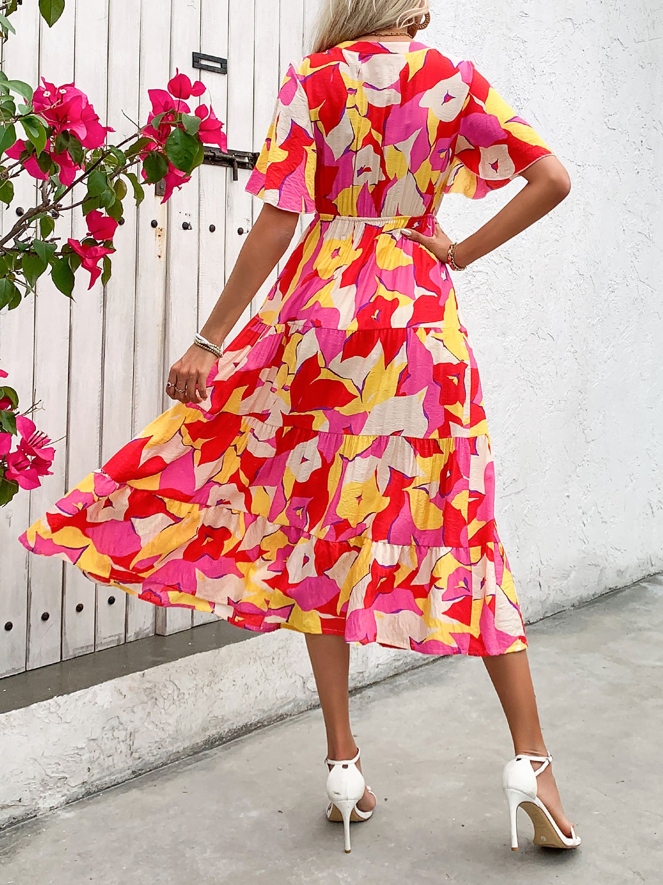 Pink Abstract Print Flutter Sleeve V-Neck Midi Dress